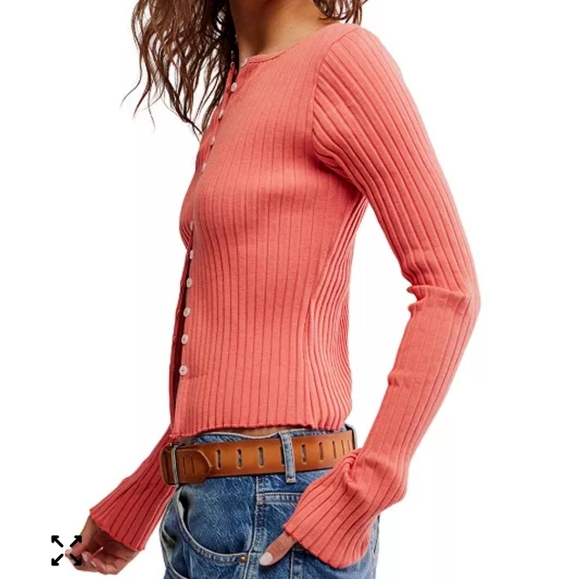 New Free People Tilly Long-Sleeve Cardi Blouse Top Knit Ribbed Buttondown - Picture 5 of 5